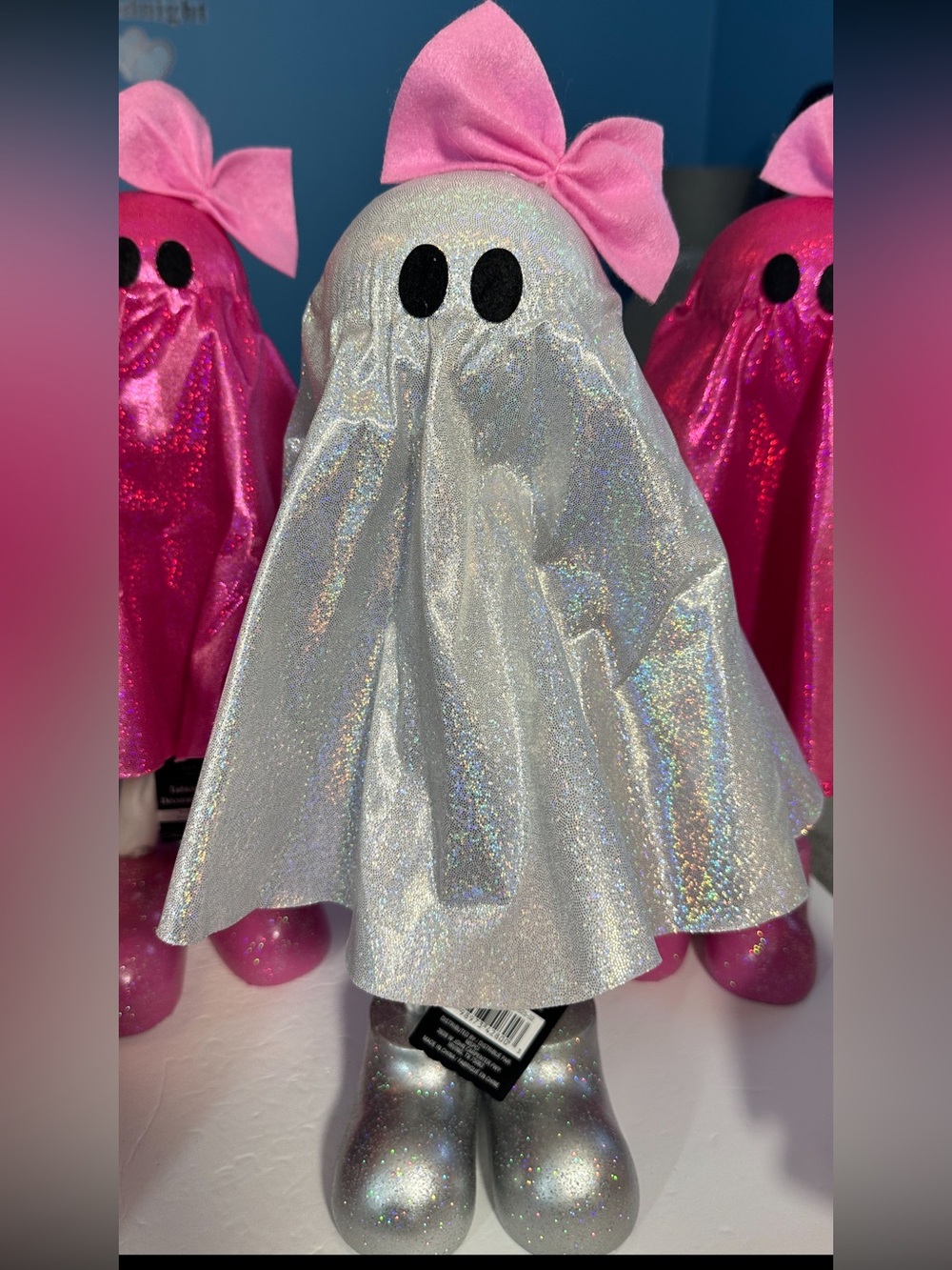 NWT Ashland Silver Glitter Ghost Figure with Pink Bow Accent